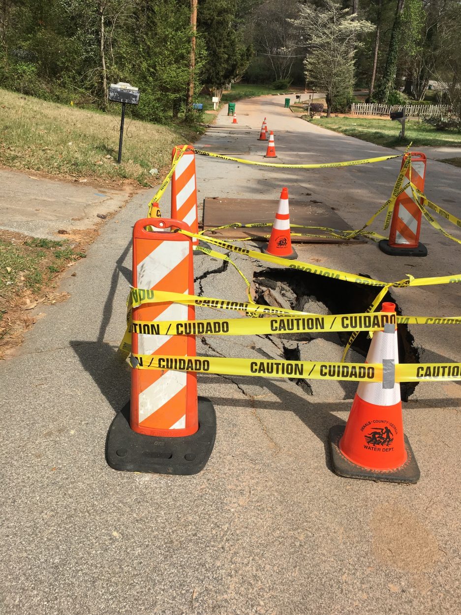 Beech Drive Sinkhole DeKalb County Decatur Cones in Road